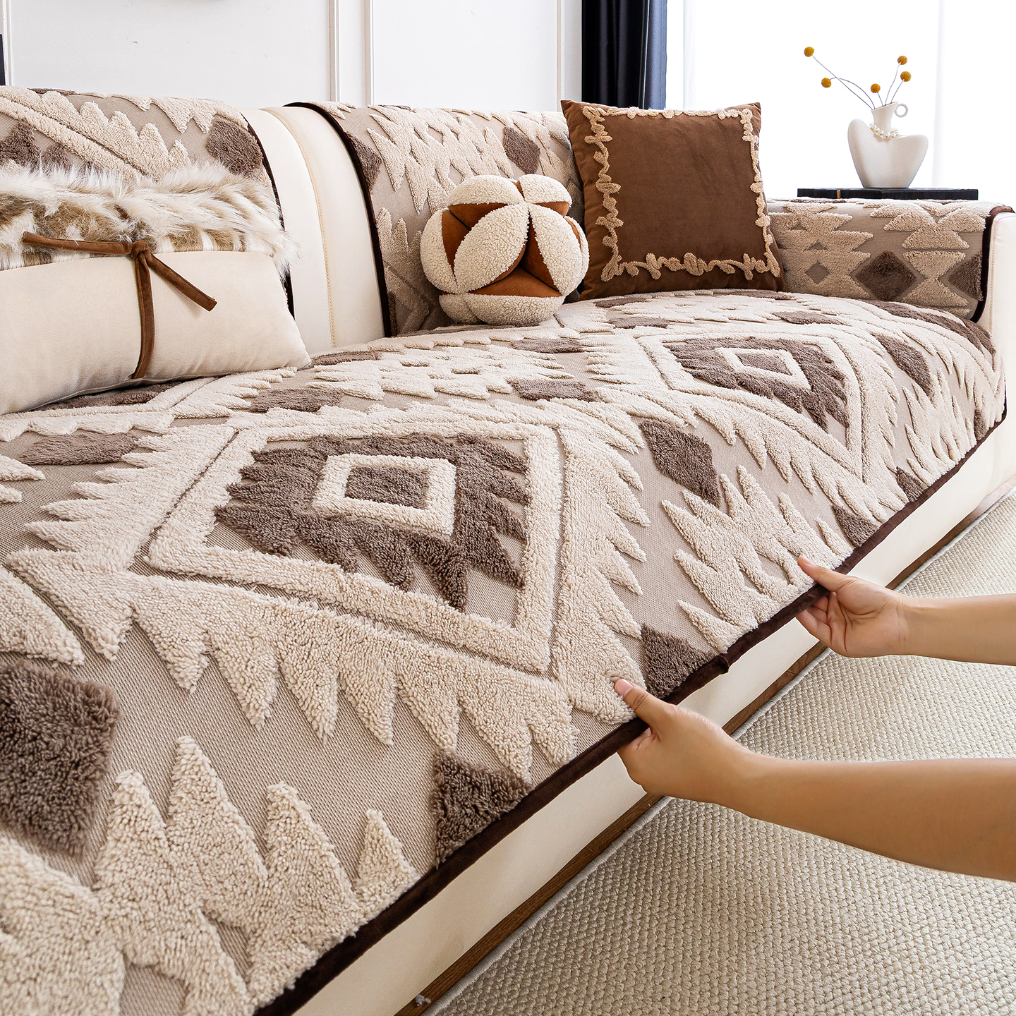 洱峰舒棉绒秋冬季加厚保暖毛绒沙发垫2025防滑直排坐垫盖布巾