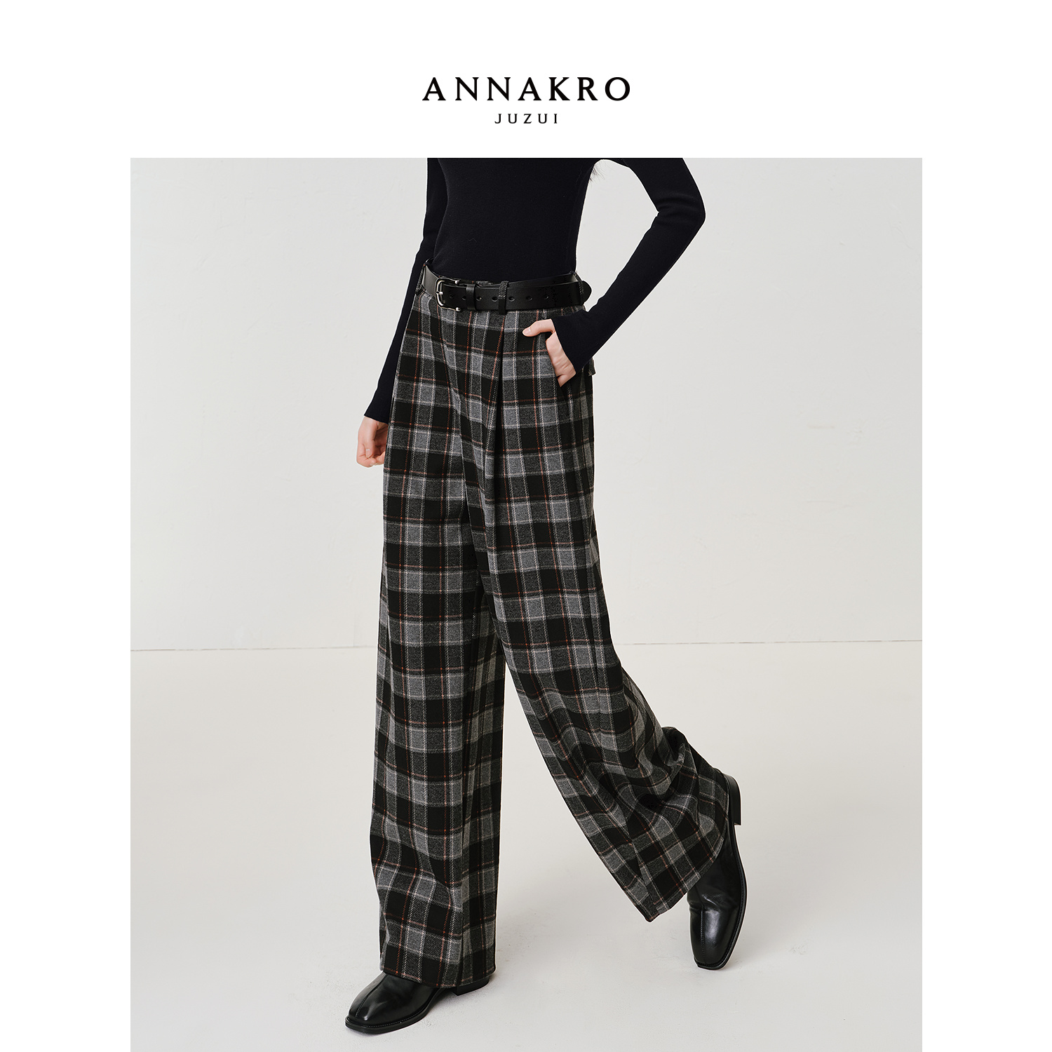 【丽公主专属】玖姿·安娜蔻KWFQ11024格纹休闲弯刀裤女2025秋新款