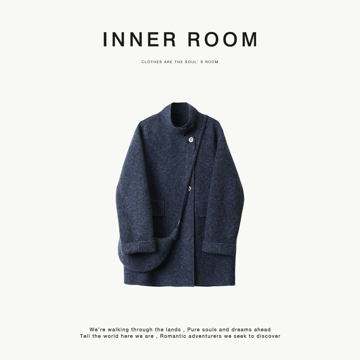 INNER ROOM定仿海岛蓝花纱羊毛立领双面尼大衣女冬廓形毛呢外套
