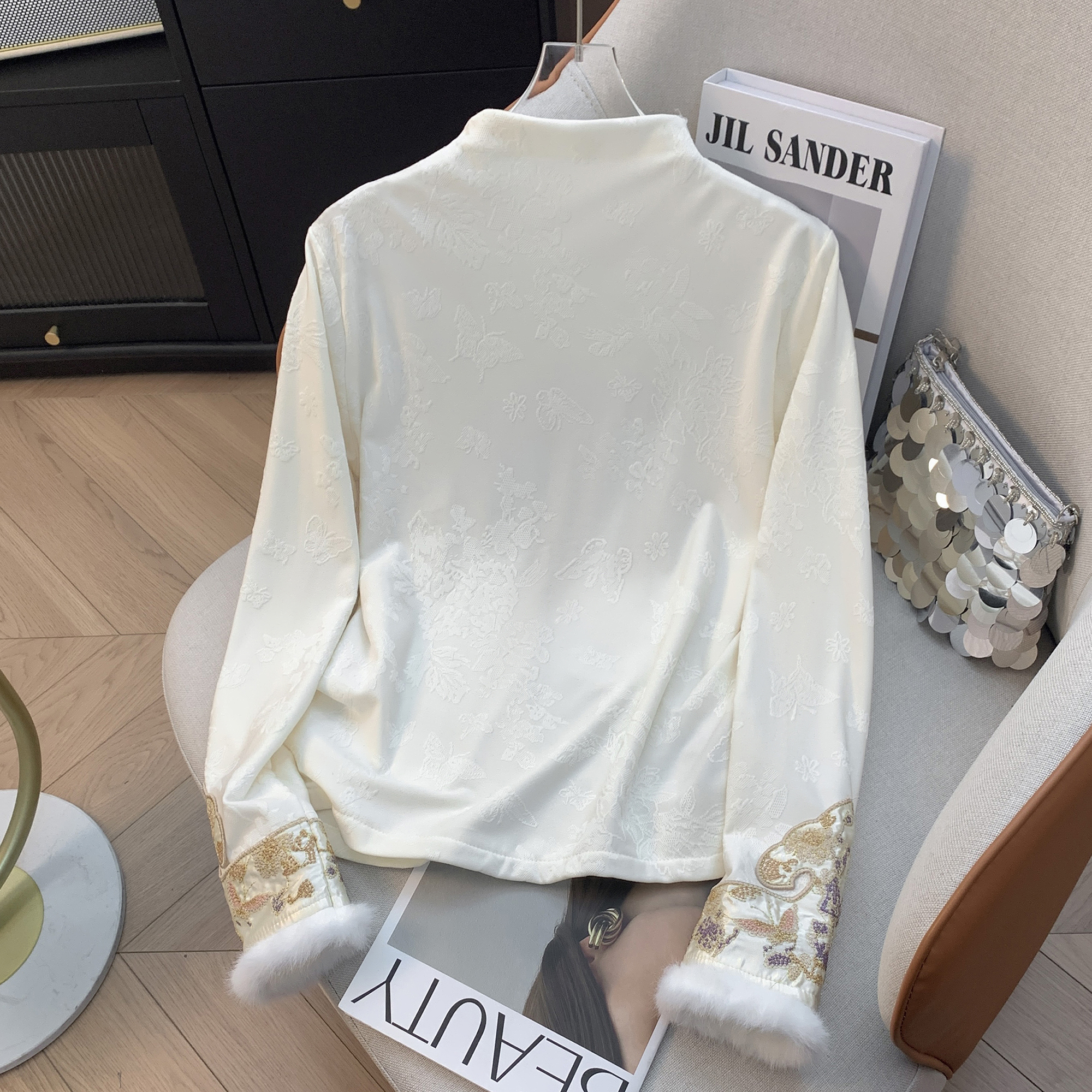 D999-3268【如意】新中式国风刺绣加绒打底衫女半高领加绒保暖上衣