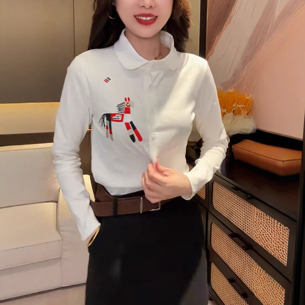 秋冬新款卡通小马刺绣Polo领长袖T恤女大码宽松百搭显瘦上衣打底