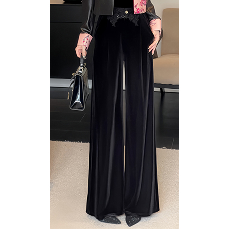 格娜2025秋季新款黑色丝绒女士长裤珠片刺绣高腰显腿长百搭女裤