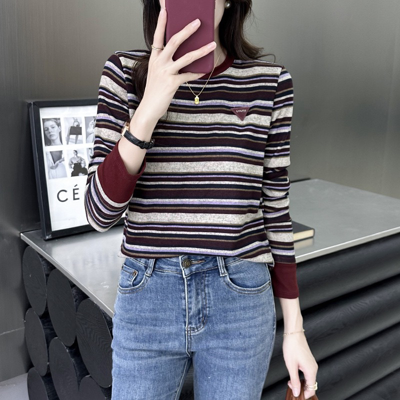 169秋冬长袖圆领条纹打底衫时尚显瘦内搭修身百搭短款T恤减龄气质