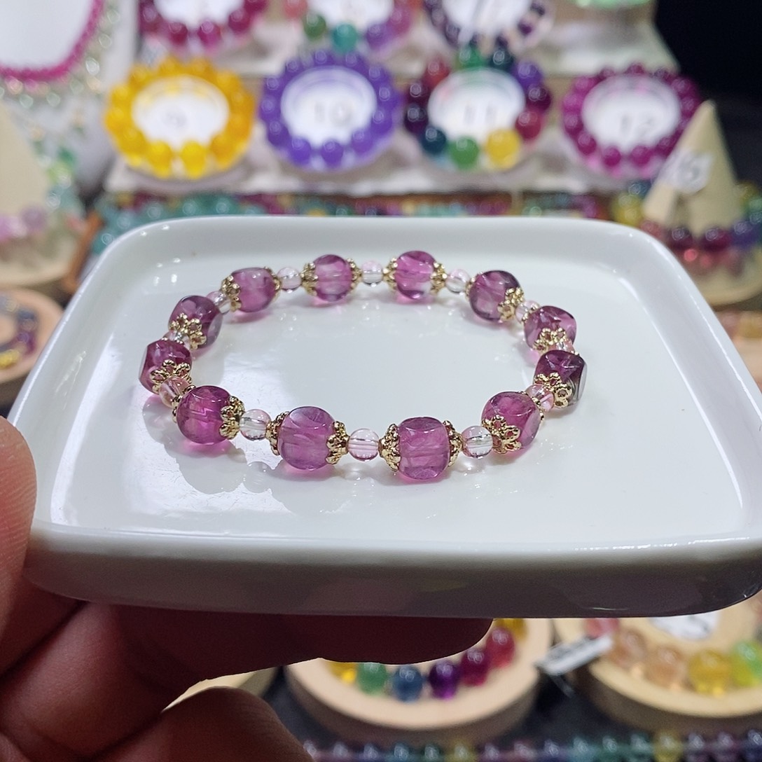 萤石手链未镶嵌紫红方糖7mm