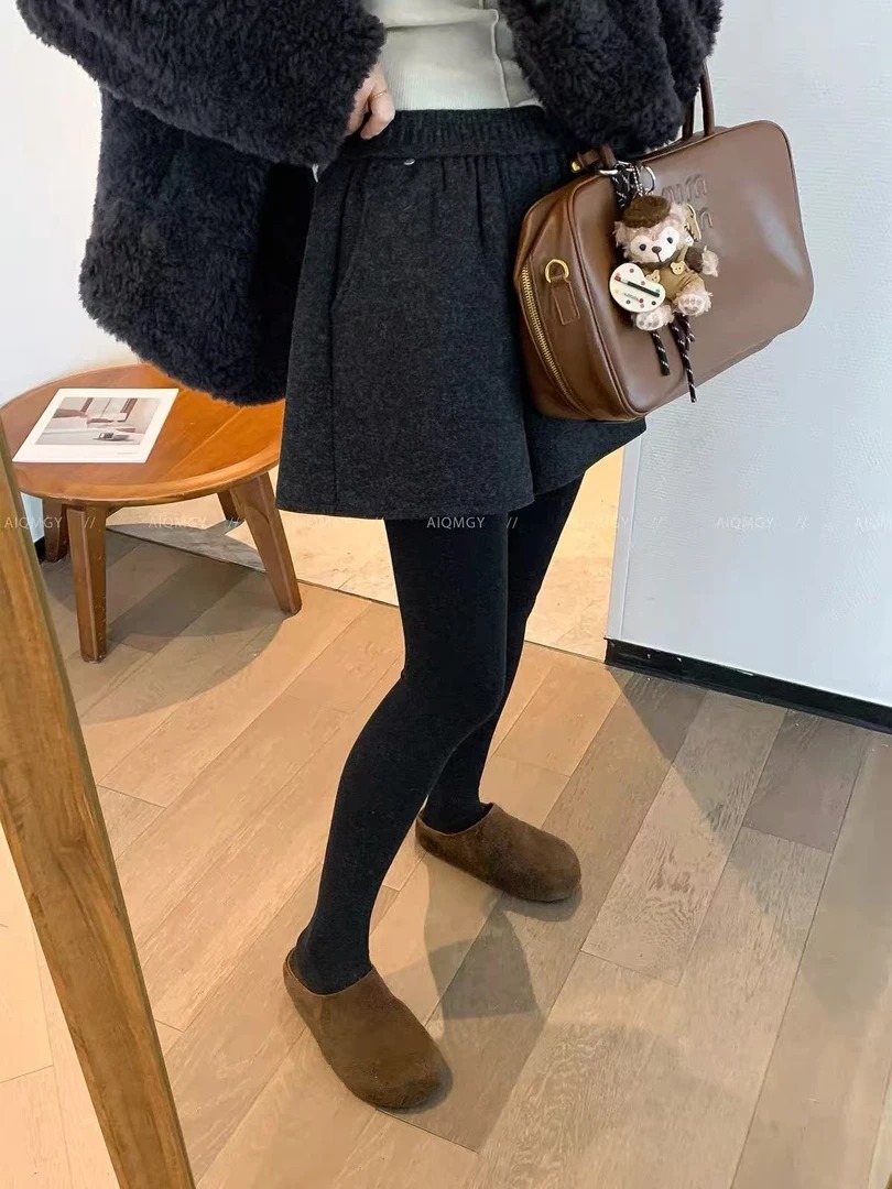 黑灰色高腰毛呢短裤女2025年冬季新款显瘦百搭阔腿裤质感外穿靴裤