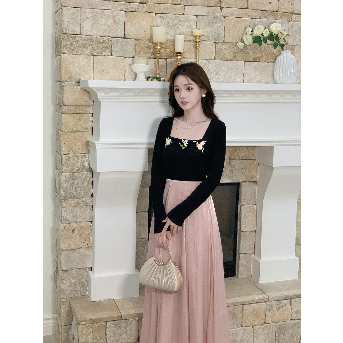 瑶西【粉雾流光】国风千金法式气质款秋冬绣花长袖季连衣裙