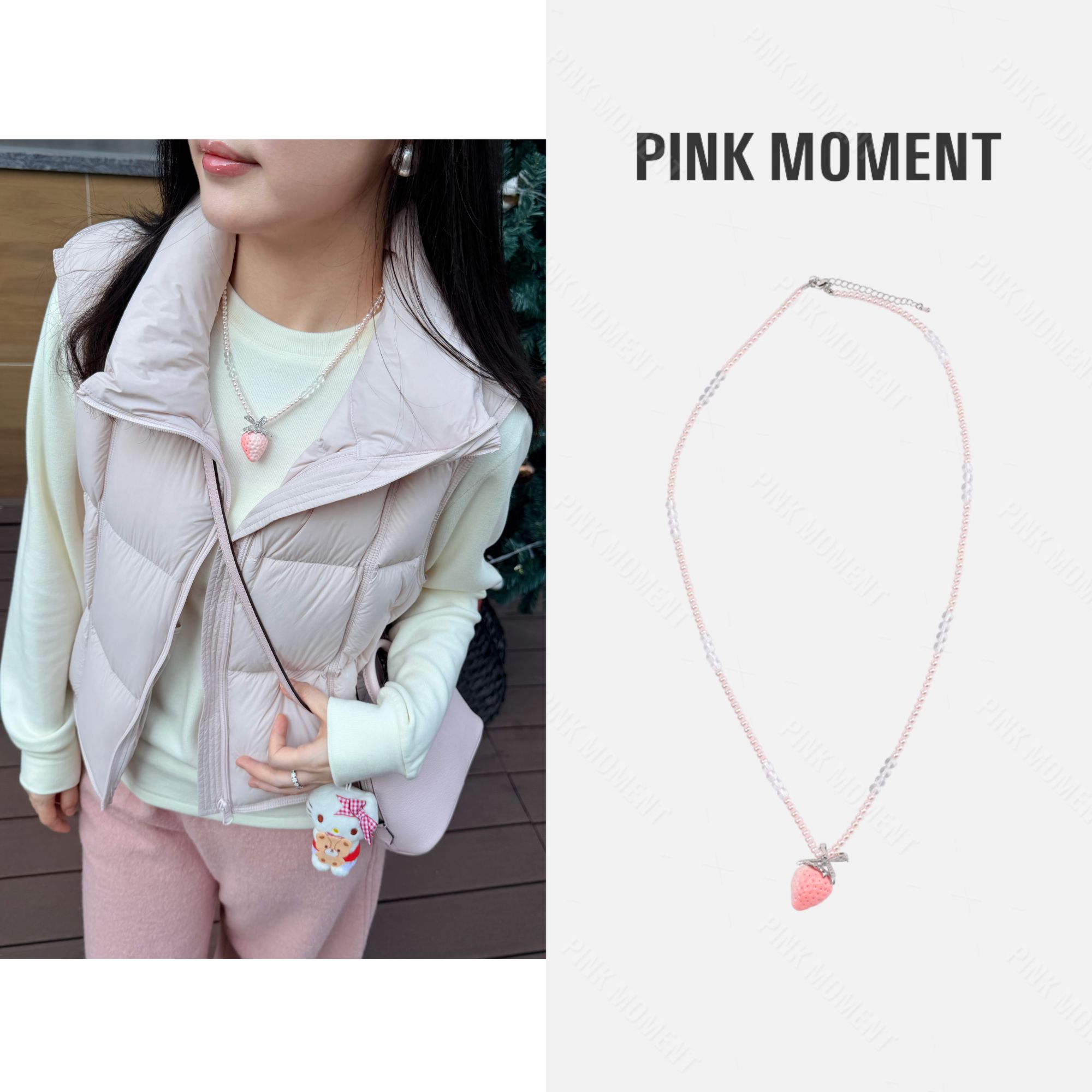 铜锆石项链 PM王囡囡 粉色渐变草莓蝴蝶结珠珠项链 ND1D2182