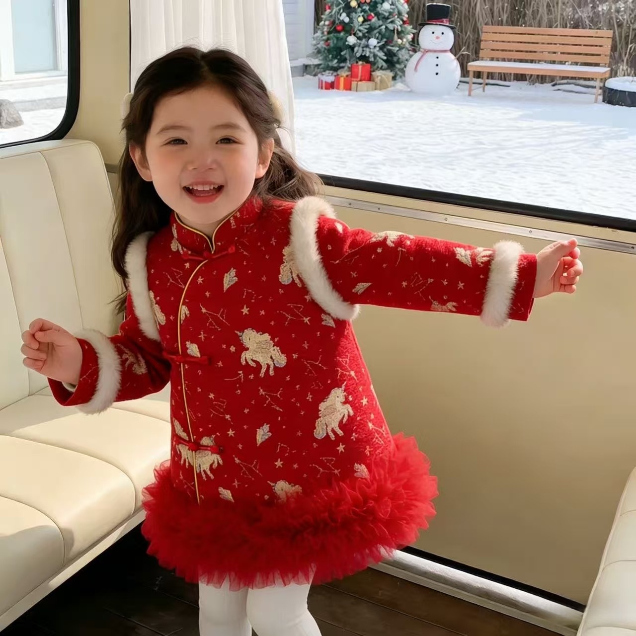 新年女童国风连衣裙夹棉加厚冬装女宝宝拜年服周岁礼服国风旗袍裙