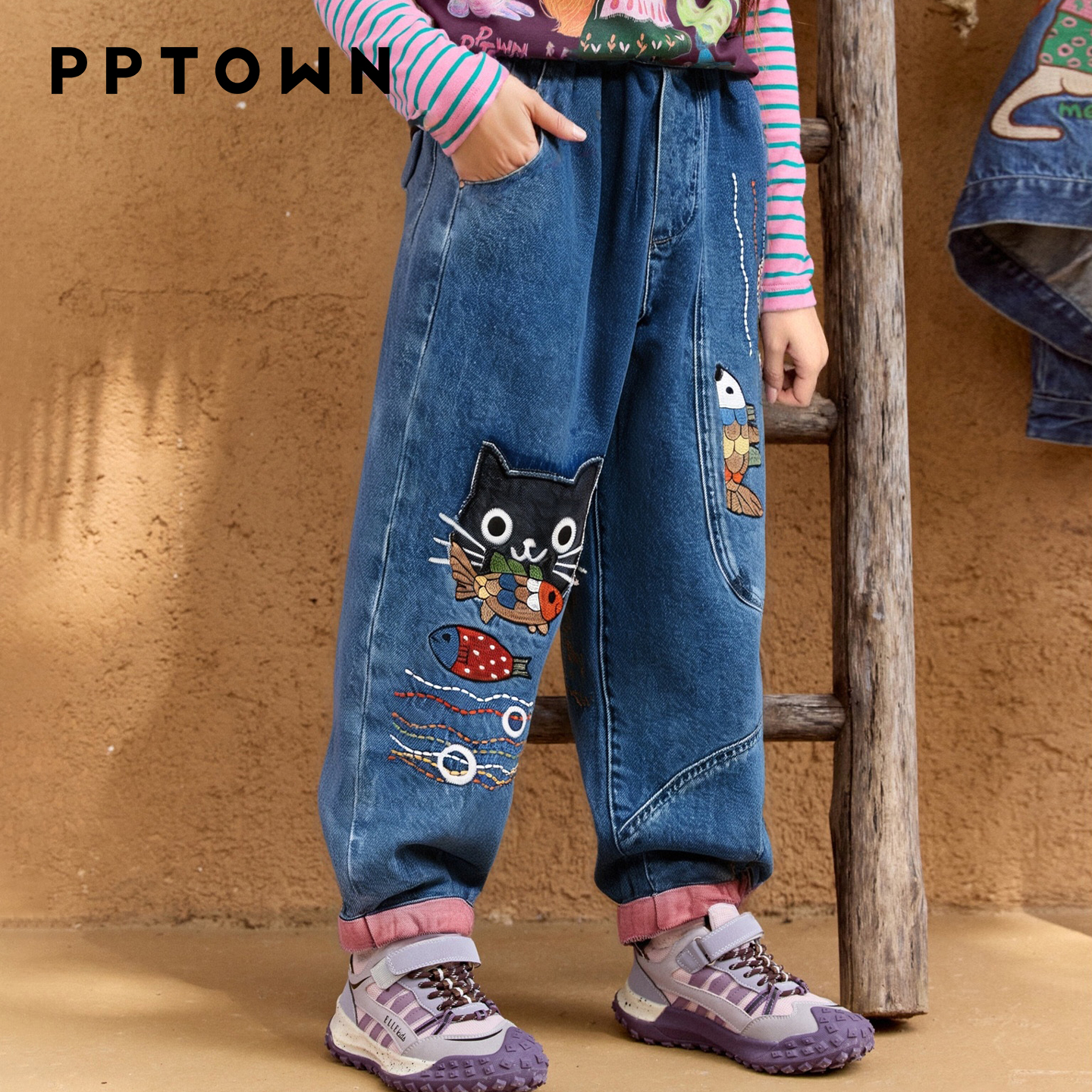 女童秋季牛仔裤洋气裤子2025卡通贴布绣百搭时尚巴巴小镇14047