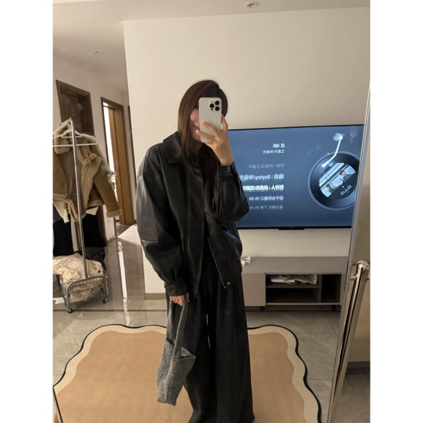 吴敏儿韩版帅气清冷感pu皮衣外套