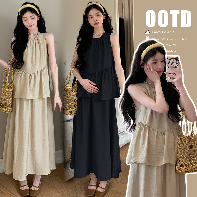 【苏安诺】孕妇装夏季无袖背心上衣+半身裙时尚款气质夏装两件套