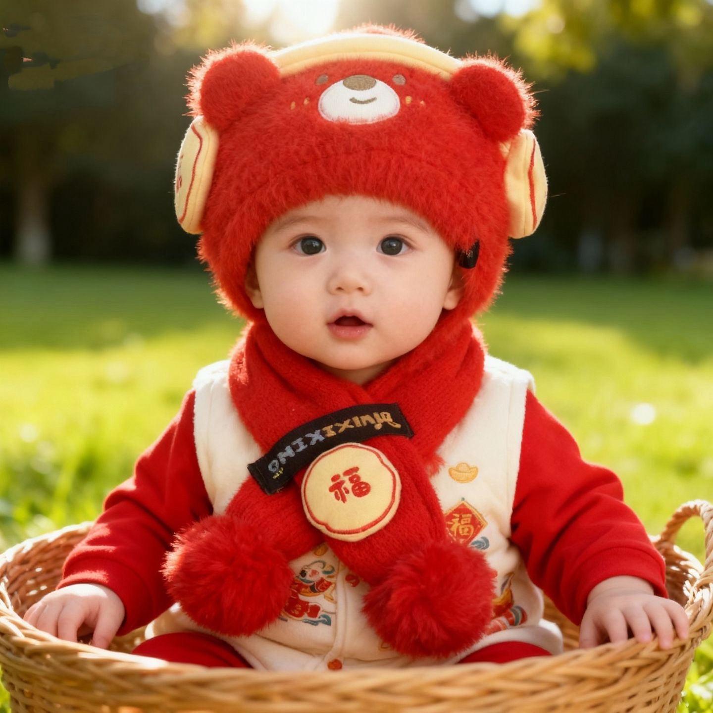 婴儿秋冬季红色毛线帽可爱保暖针织护耳套头帽男女宝宝