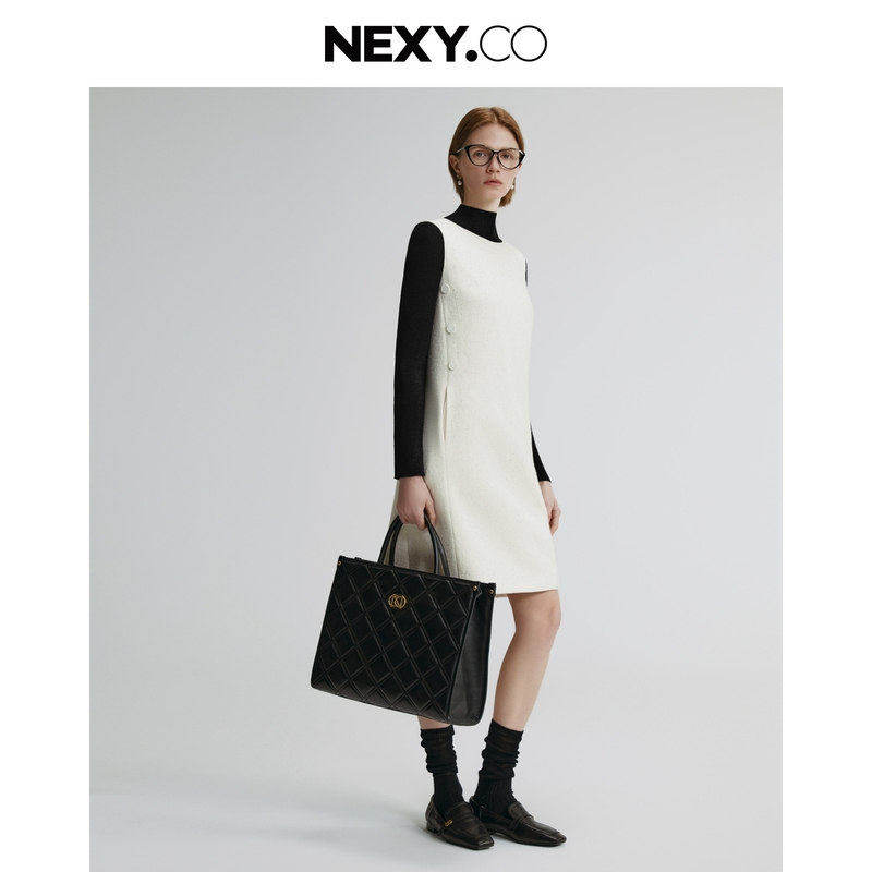 NEXY.CO/奈蔻百搭针织修身黑色中长款连衣裙XF05528V1/XF05513W0