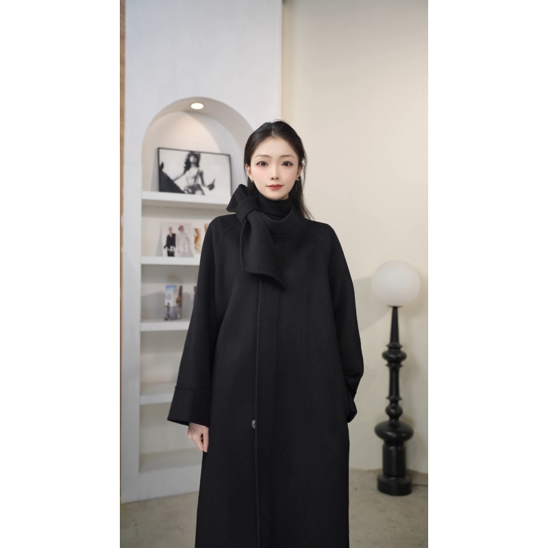 女毛呢外套秋冬纯色长款羊毛风衣中长款轻奢双面冬季593