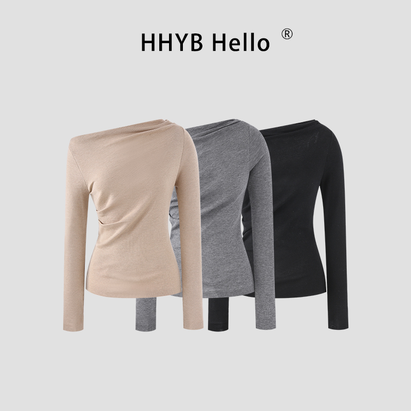 HHYB Hello韩系一字肩针织打底衫秋冬2025新款露肩显瘦上衣M1544