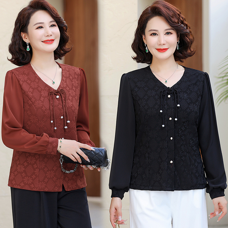 8865年轻妈妈套头长袖衬衫春装新款洋气减龄50多岁小衫中老年上衣