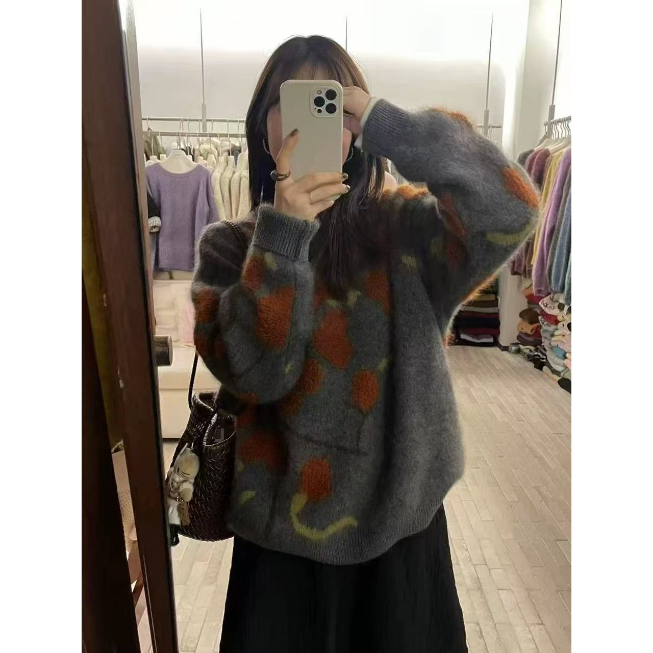 麦9802-32332 拉毛圆领显白套头灰色毛衣服柿子时尚毛针织衫