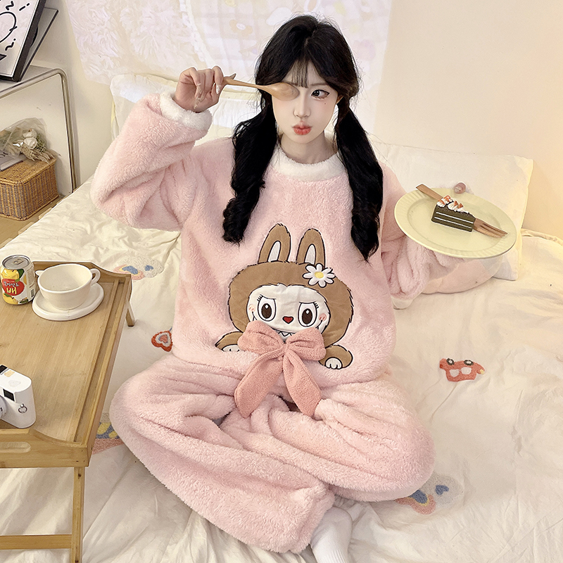 3韩版大码卡通珊瑚绒秋冬季可爱保暖加厚女法兰绒宽松睡衣套装