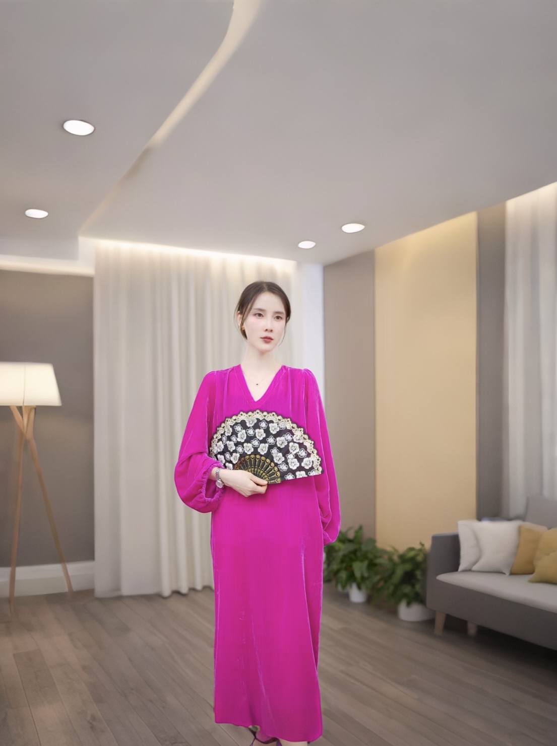 女装不褪色V领新中式高腰长袖拼接连衣裙长裙H型