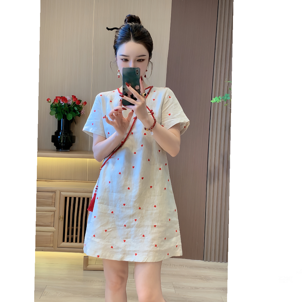 【怦然心动】新中式国风亚麻提花旗袍裙连衣裙裙子女