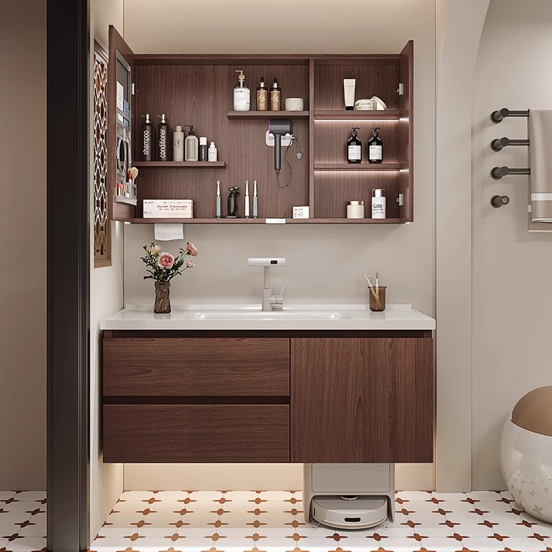 中古风胡桃色浴室柜洗手盆可放扫地机器人洗脸盆组合柜陶瓷一体