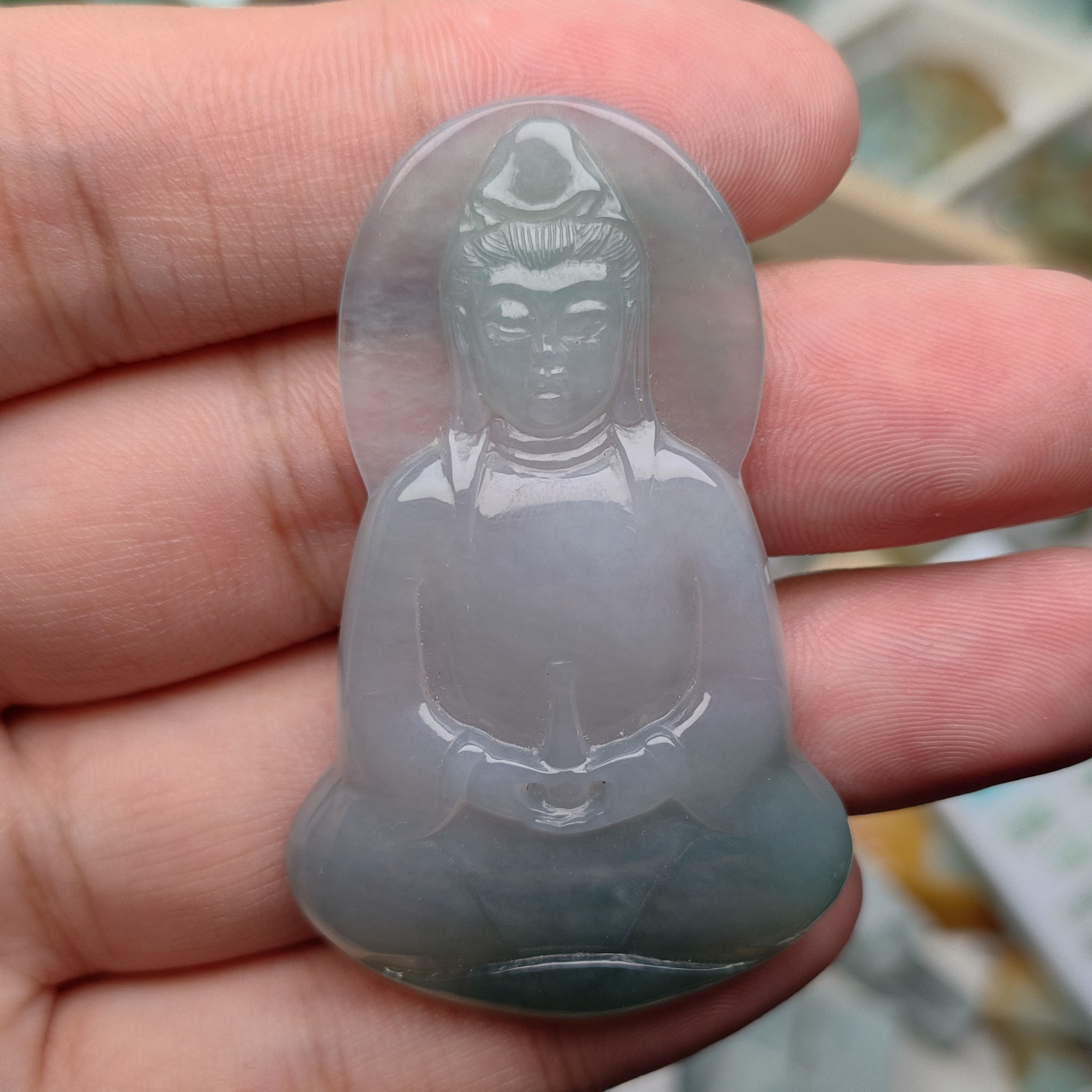 纯天然缅甸A货翡翠飘花素衣观音菩萨守护神