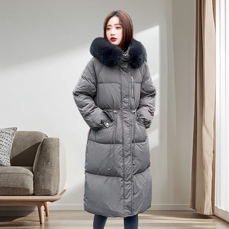 8121羽绒服外套女冬季中戏长款外套白鸭绒毛领时尚加厚日韩风