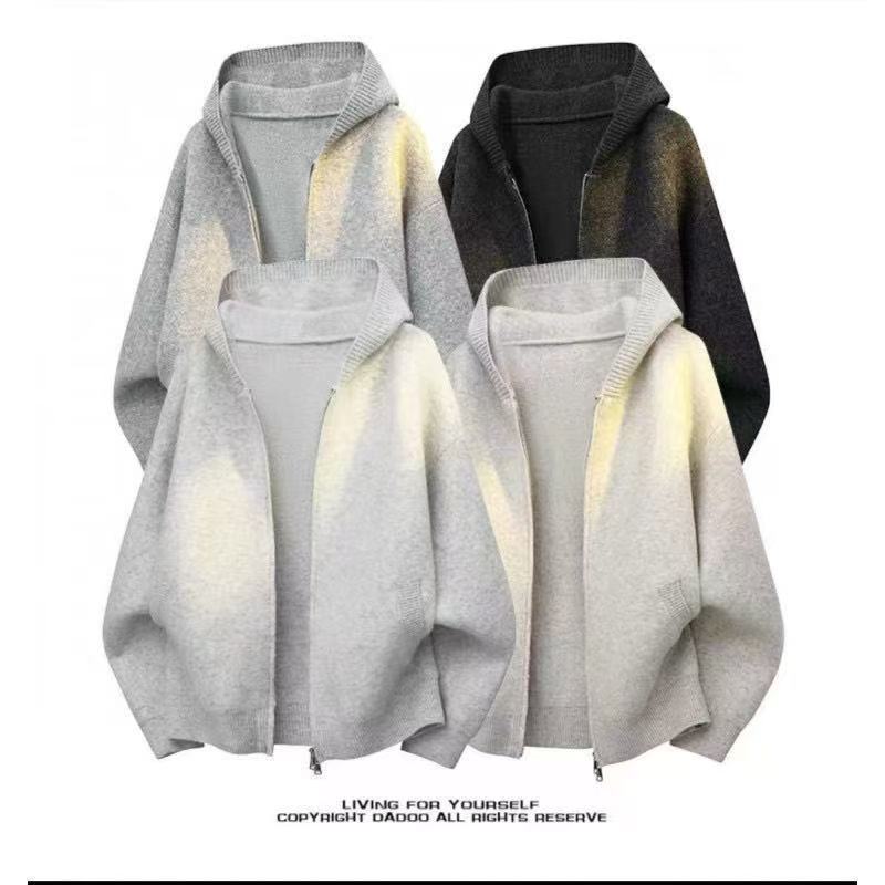 秋冬美式纯色连帽开衫毛衣男女宽松老钱风复古针织衫外套-629