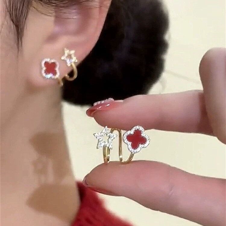 铜合金锆石耳饰 QIAN XI S925银针小巧红色耳饰花朵五角星耳环女