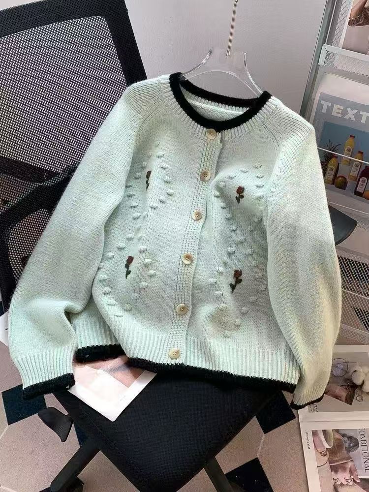 拼色常规刺绣长袖女针织毛针织衫开衫毛衣网红韩版