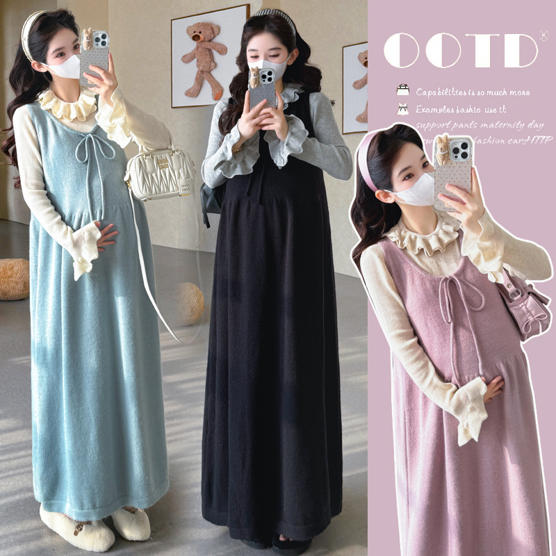 【颜十七】2025秋冬新款孕妇韩版毛衣背心裙时尚花边打底孕妇套装