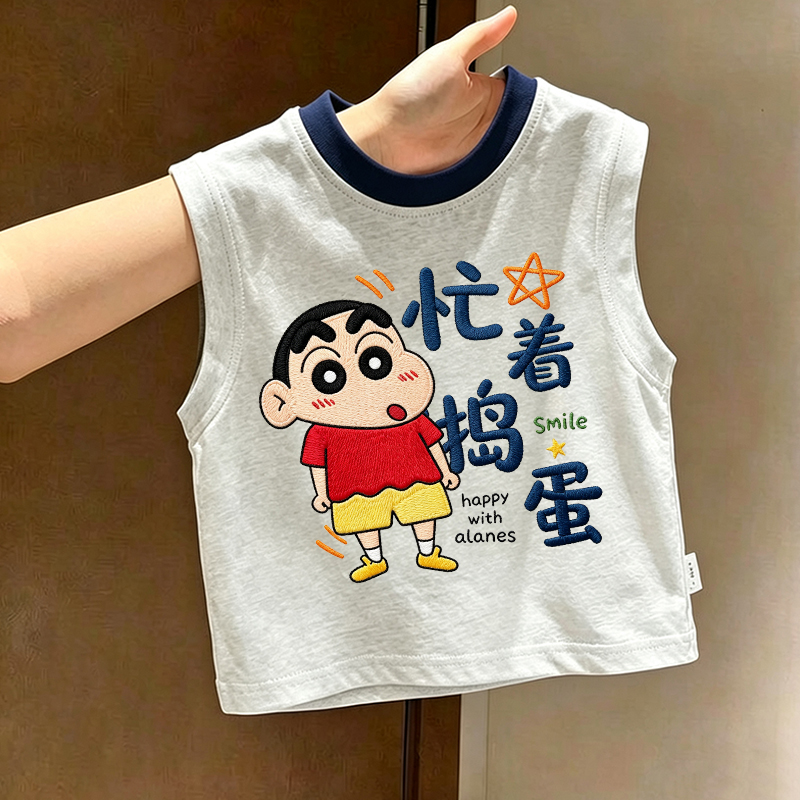 忙着捣蛋~男女童儿童背心夏季新款蜡笔小新印花中大童无袖背心T恤