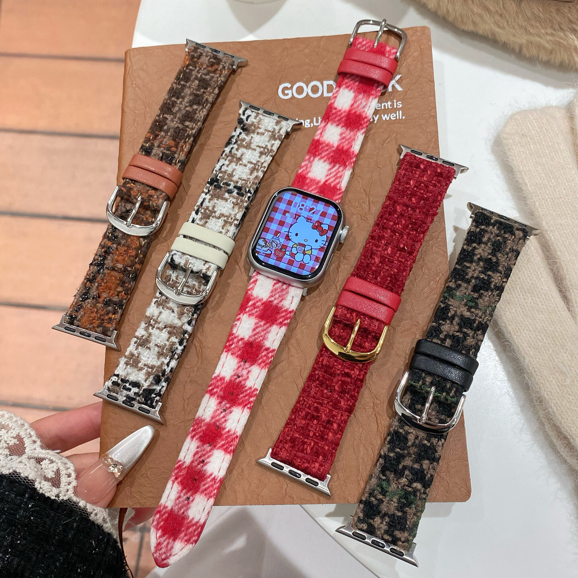 秋冬千鸟格毛呢布皮质表带适用于iwatchS10代5/6/7/8代女款表带