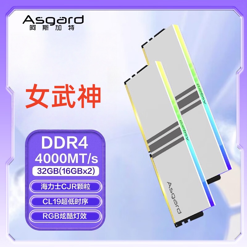 阿斯加特32GB(16GBx2) DDR4 4000内存条 RGB灯条 海力士CJR CL19 