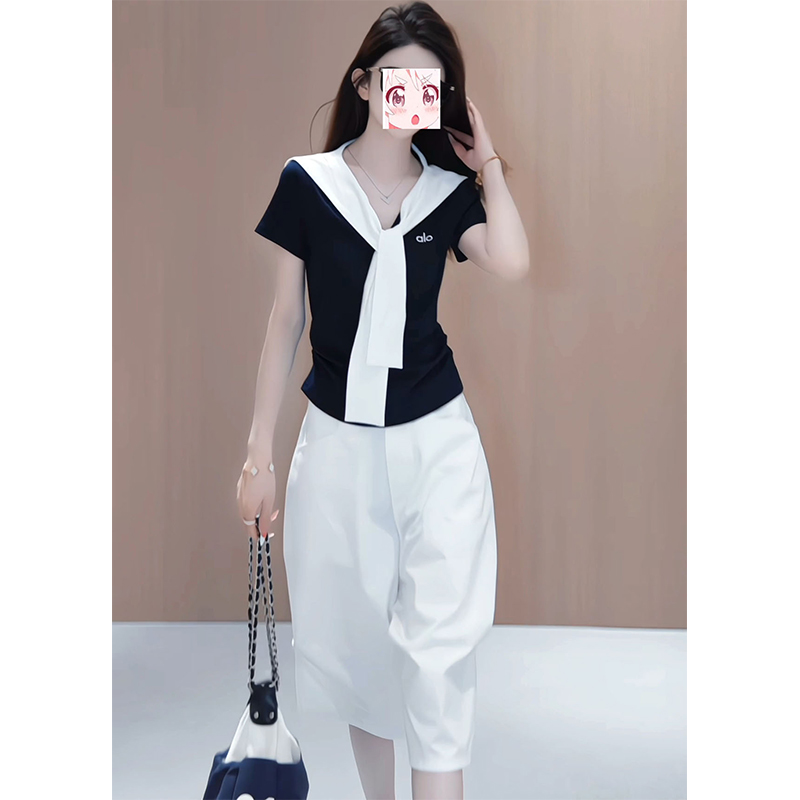 夏季新款学院风韩版海军领显瘦百搭短袖T恤纯色休闲短裤两件套装