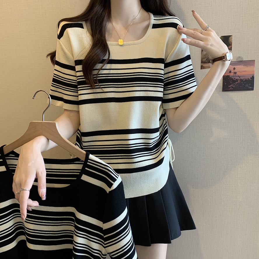 2024夏季新款方领条纹抽绳百搭针织衫女大码宽松显瘦