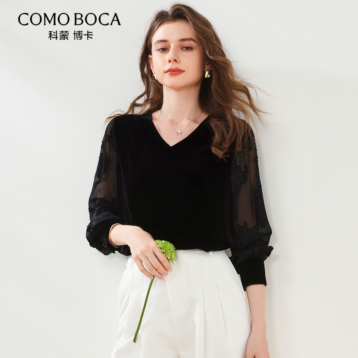 COMOBOCA/科蒙·博卡桑蚕丝领剪花衬衫春夏长袖上衣女KXSK0S6171