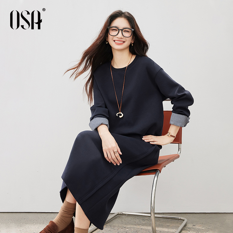 OSA条纹休闲套装女秋季松弛感卫衣半身裙通勤两件套S125C15006