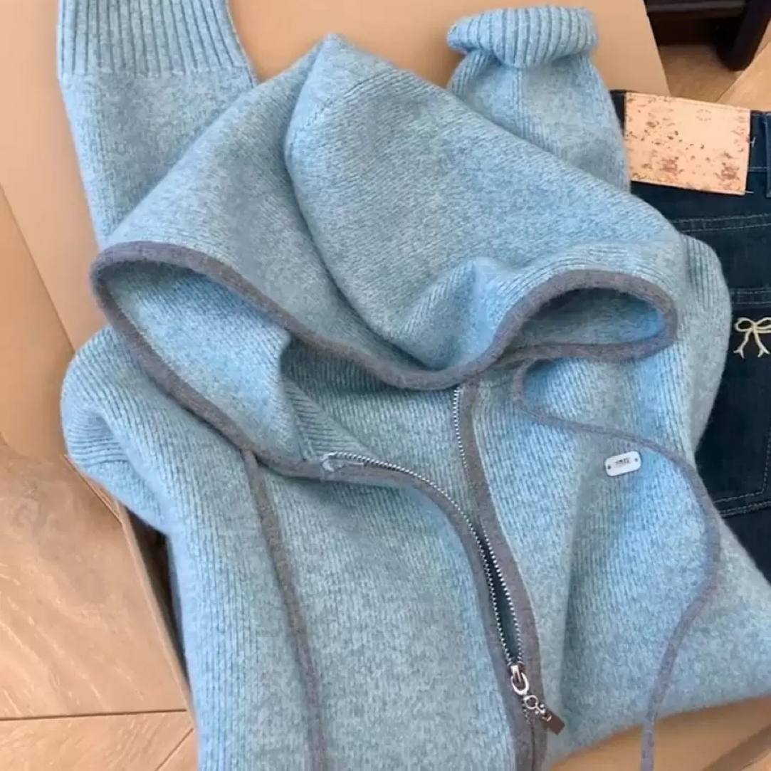 韩系慵懒风拼色连帽拉链开衫毛衣#1040