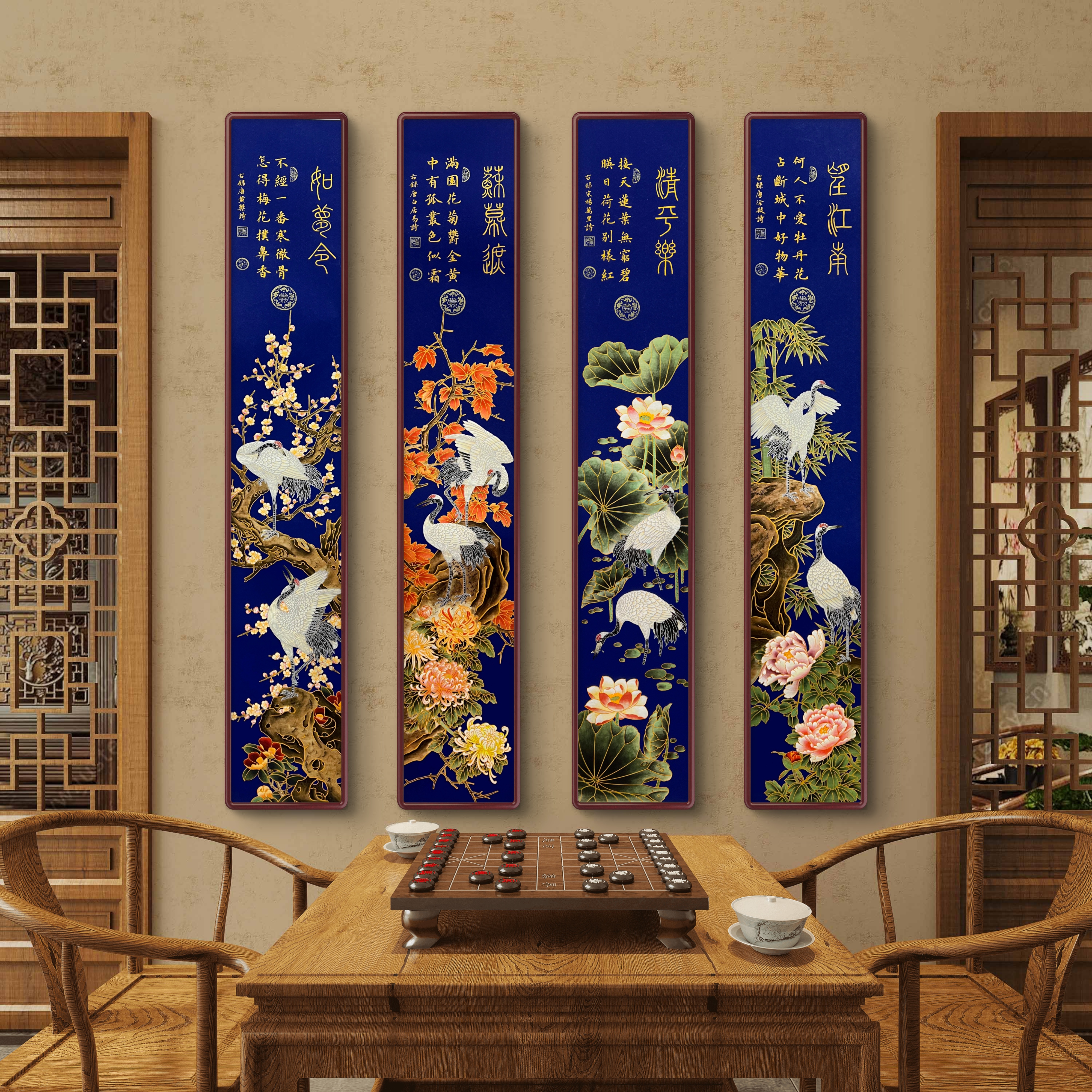 《春夏秋冬》杭州锦丝绫布软装裱