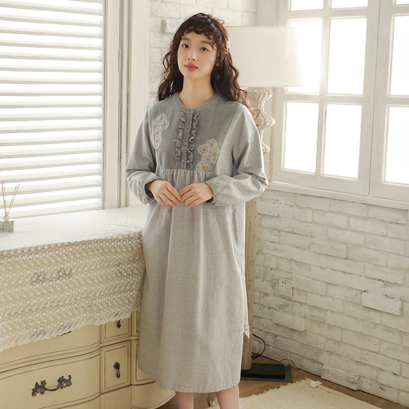 【思瑾】夏季纯棉女士精美刺绣全棉磨毛长袖家居睡裙232021