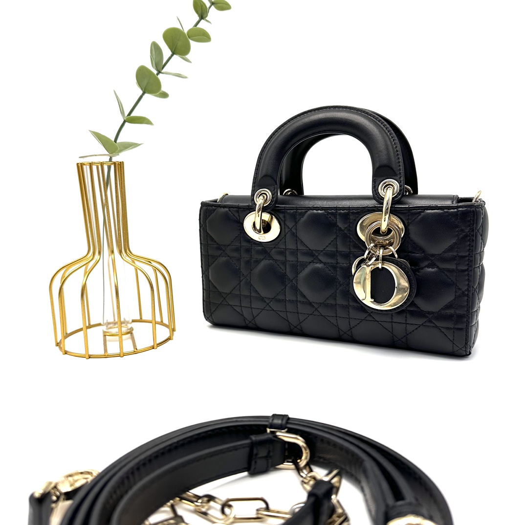 95新 DIOR/迪奥 Lady D-Joy黑金羊皮小号横版戴妃包 92524