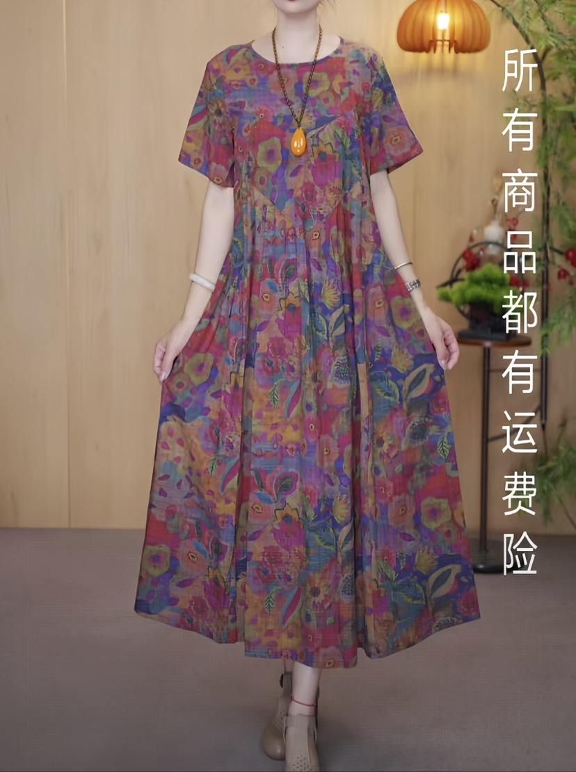 【TY红色多彩】妈妈款竹节棉麻花色宽松时尚洋气裙子显瘦遮肉连衣裙