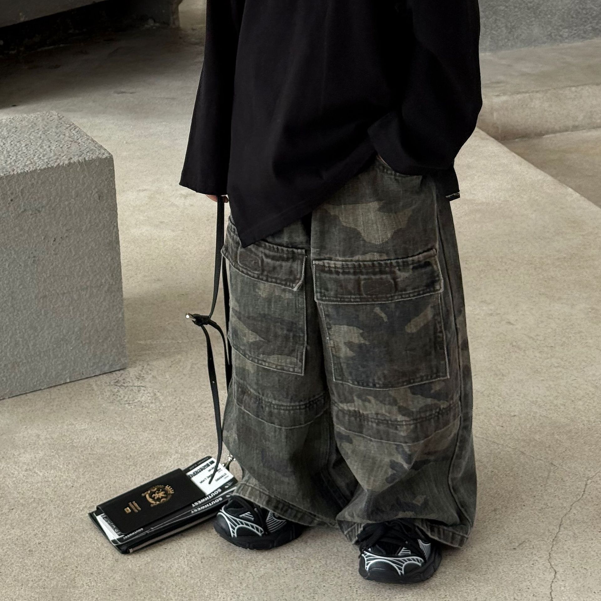 男童春秋款牛仔裤秋季新款儿童中大童嘻哈复古美式迷彩阔腿裤长裤