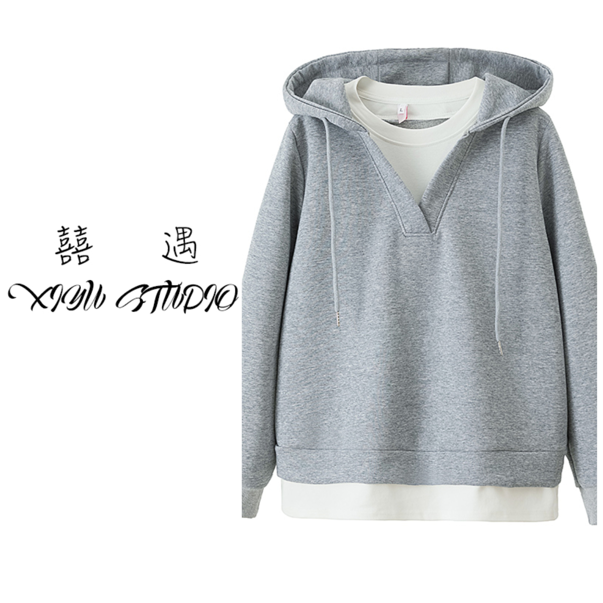 大码胖妹妹设计感假两件连帽卫衣女宽松休闲外套上衣遮肚内搭打底