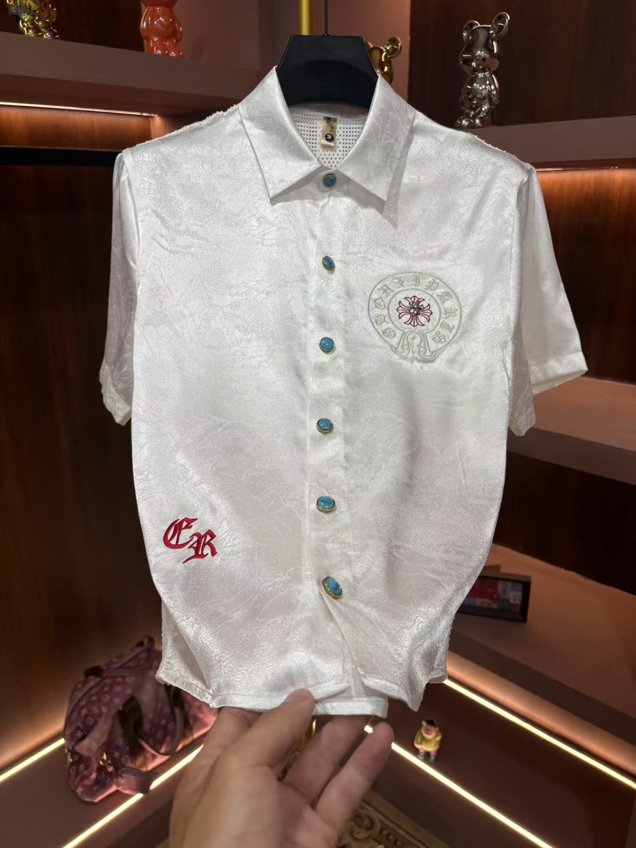 欧洲轻奢高定休闲男装POLO杉2025新款刺绣白色衬衫