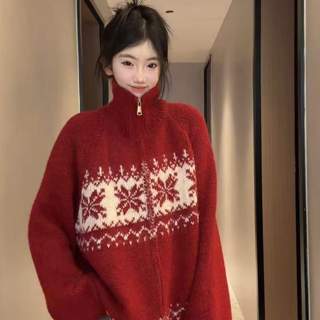 秋冬加厚毛衣开衫外套女费尔岛红色拉链毛衣宽松提花大版外套