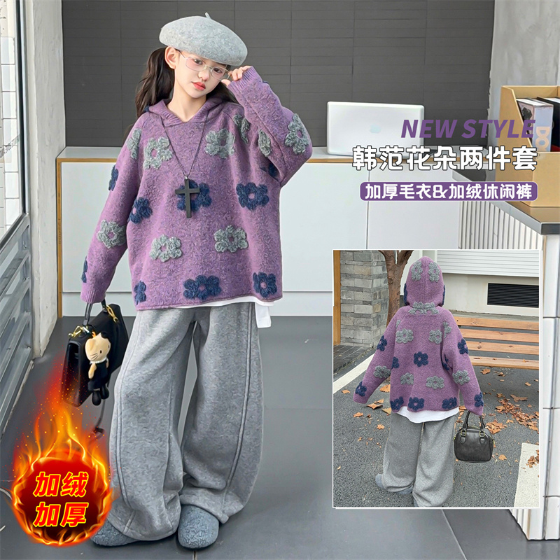 【毛妈潮牌】女童韩系毛衣加绒卫衣套装2025冬季新款大童洋气两件套