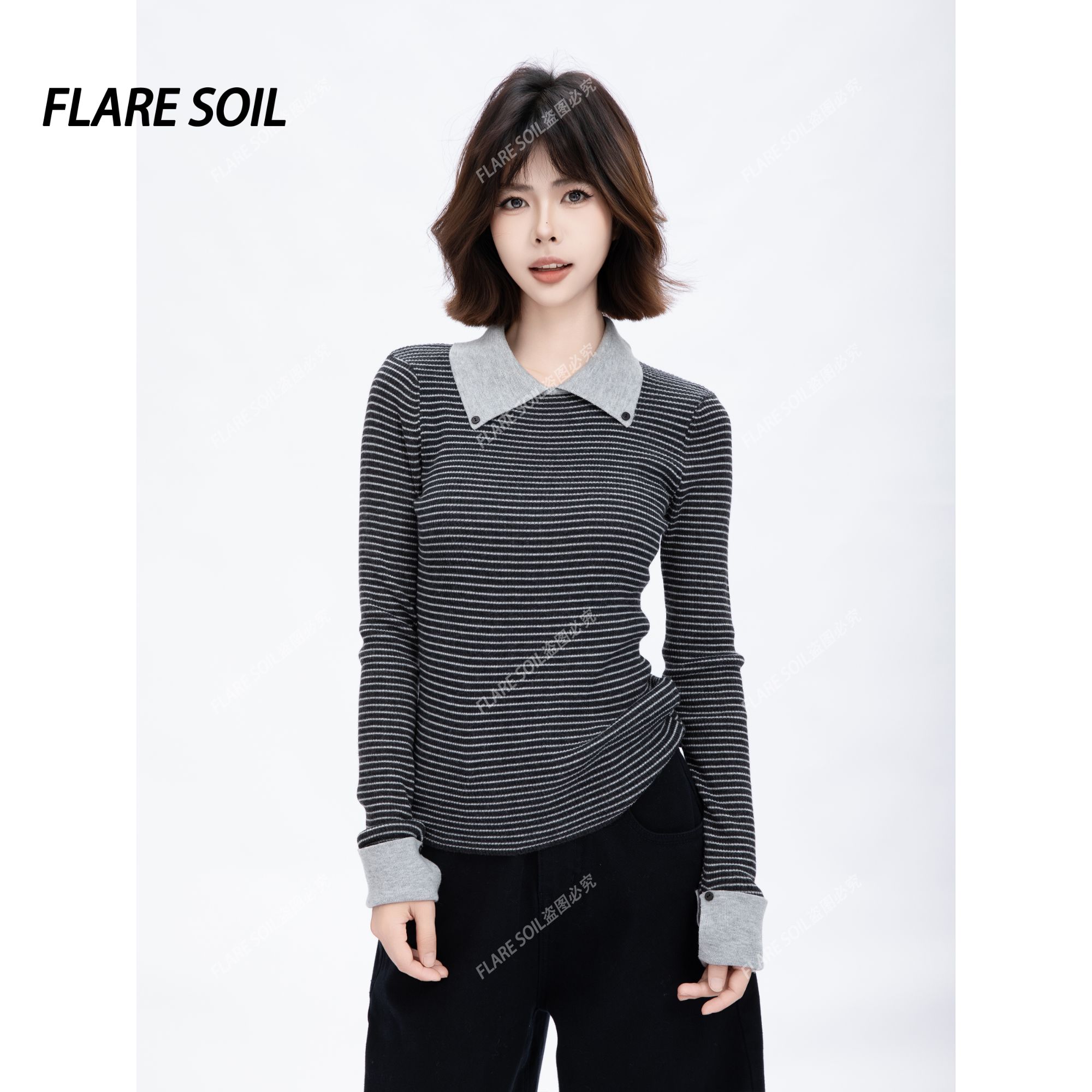 【FLARE SOIL】（现货）衬衫领条纹针织衫拼接撞色翻领ins风 T4790A