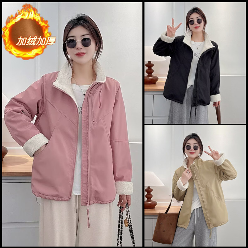 大码女装胖mm韩版立领加绒加厚派克服冬休闲百搭宽松棉衣毛绒外套